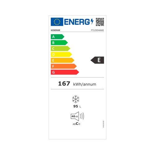 Arcón congelador HISENSE FT125D4AWE, clasificación energética: E, H: 85,4cm,A: 54,6cm, F: 47,9cm, capacidad total: 95L.
