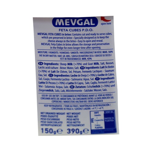 MEVGAL Queso feta DOP en cubitos 150g