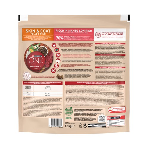 PURINA ONE Mini Comida para perros adultos de raza pequeña rico en buey con arroz 1,5 kg.