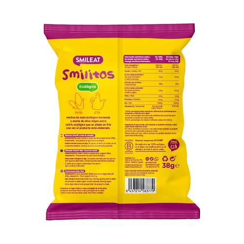 SMILEAT Smilitos Snack infantil de maiz ecológico, a partir de 8 meses 38 g.