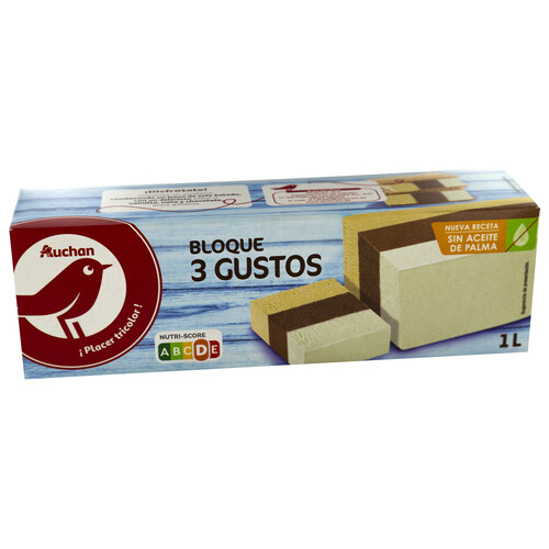 AUCHAN Bloque de helado de 3 gustos (vainilla, chocolate y nata) 1 l. Producto Alcampo