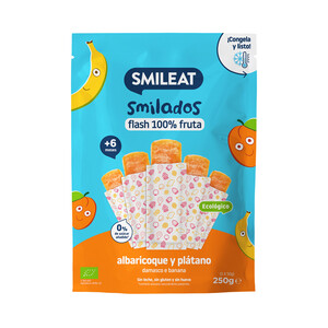 Imagen de SMILEAT Flash 100% de fruta ecológica (albaricoque y plátano), sin azúcares añadidos, a partir de 6 meses 5 x 50 g.