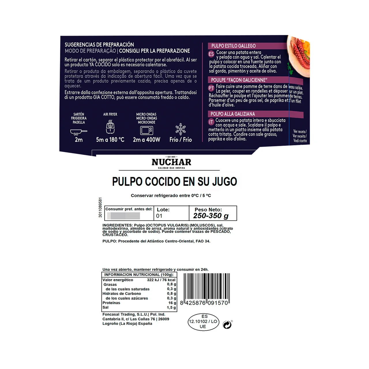 Pulpo cocido en su jugo 4 patas 250g
