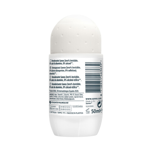 SANEX Desodorante roll on para mujer con protección antitranspirante hasta 24h SANEX Zero % invisible 50 ml.