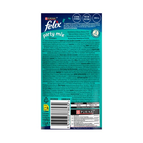 FELIX Snacks para gatos a base de salmón, pescado blanco y trucha FELIX PARTY MIX 60 g.