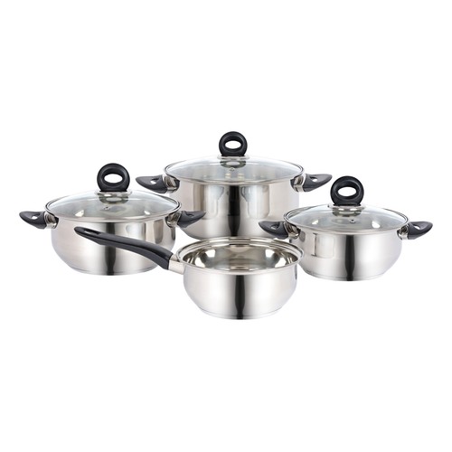Batería de acero inoxidable de 4 piezas y 3 tapas de vidrio, modelo Diana, TABERSEO