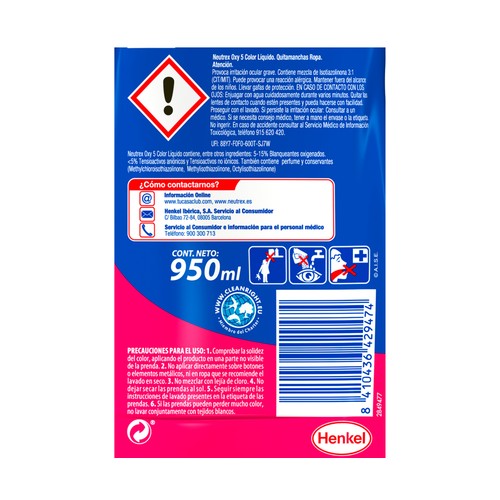 NEUTREX Oxycolor Activador de lavado para ropa de color, sin lejía, 0,95 l.