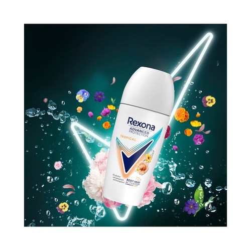 REXONA Advanced protection tropical Desodorante roll on para mujer con aroma tropical y protección antitranspirante hasta 72 horas 50 ml.