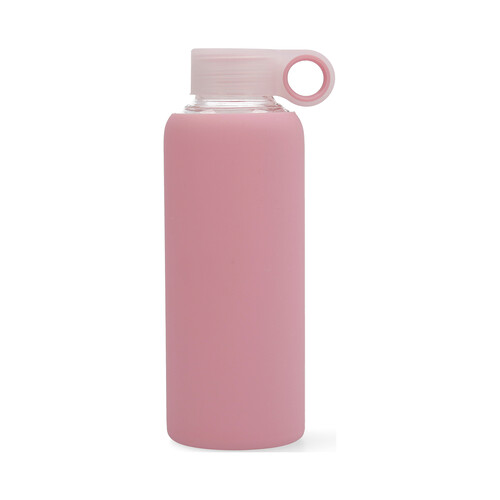 Botella de vidrio con cubierta de silicona color rosa y tapón de rosca, 0,5 litros QUID.
