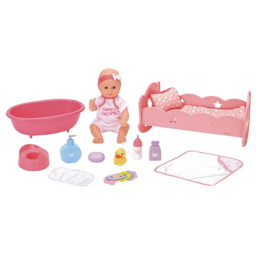 Megaconjunto de bebé de 35cm con bañera, cama y accesorios,13 piezas, ONE TWO FUN ALCAMPO.