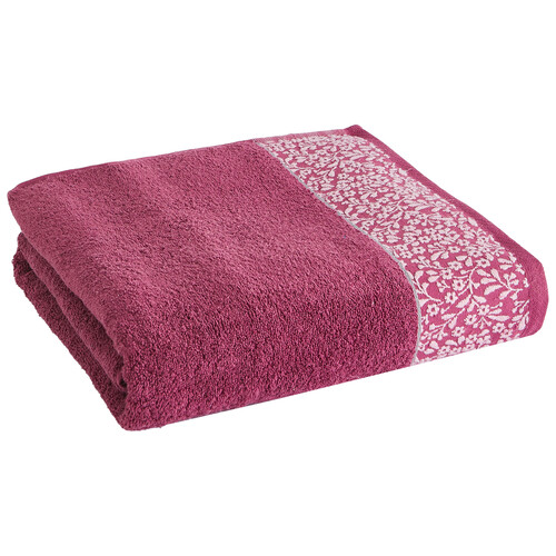 Toalla de baño 100% algodón color rosa con cenefa floral, 500g/m² ACTUEL.