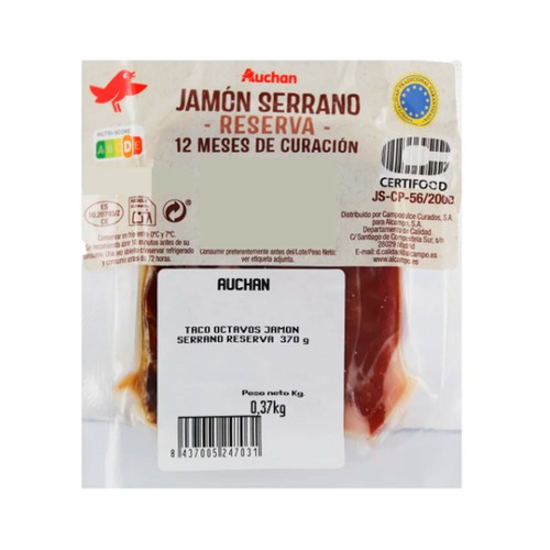 Taco de jamón serrano reserva (12 meses de curación) PRODUCTO ALCAMPO 370 g.