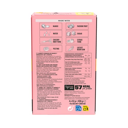 PINK ALBATROSS Polos de sorbete cremoso de mango y maracuya 100% vegetal 4 x 65 ml.