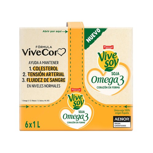 VIVESOY de Pascual Bebida de soja enriquecida con Omega 3, calcio y vitaminas B1, B12, C y D. 6 x 1l.