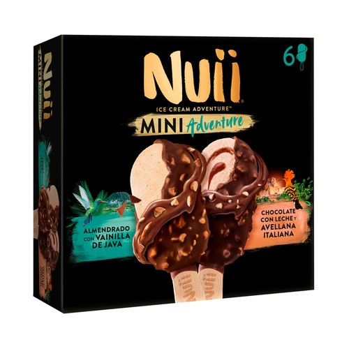 NUII Adventure Mini helados de vainilla de Java (3) y de avellana italiana (3), recubiertos de chocolate con leche 6 x 55 ml.