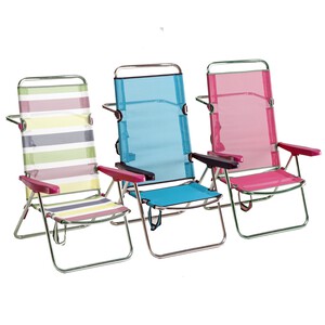 Imagen de Silla plegable con posición de cama para camping y playa. Fabricada en aluminio, con asiento y respaldo alto de textileno, medidas 60x65x100 centímetros FIBERLINE.