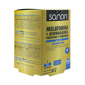 SANON Complemento alimenticio a base de Melatonina, Ashwaganda, Pasiflora y Camomila, con sabor sandía SANON Descanso feliz 30 sticks.