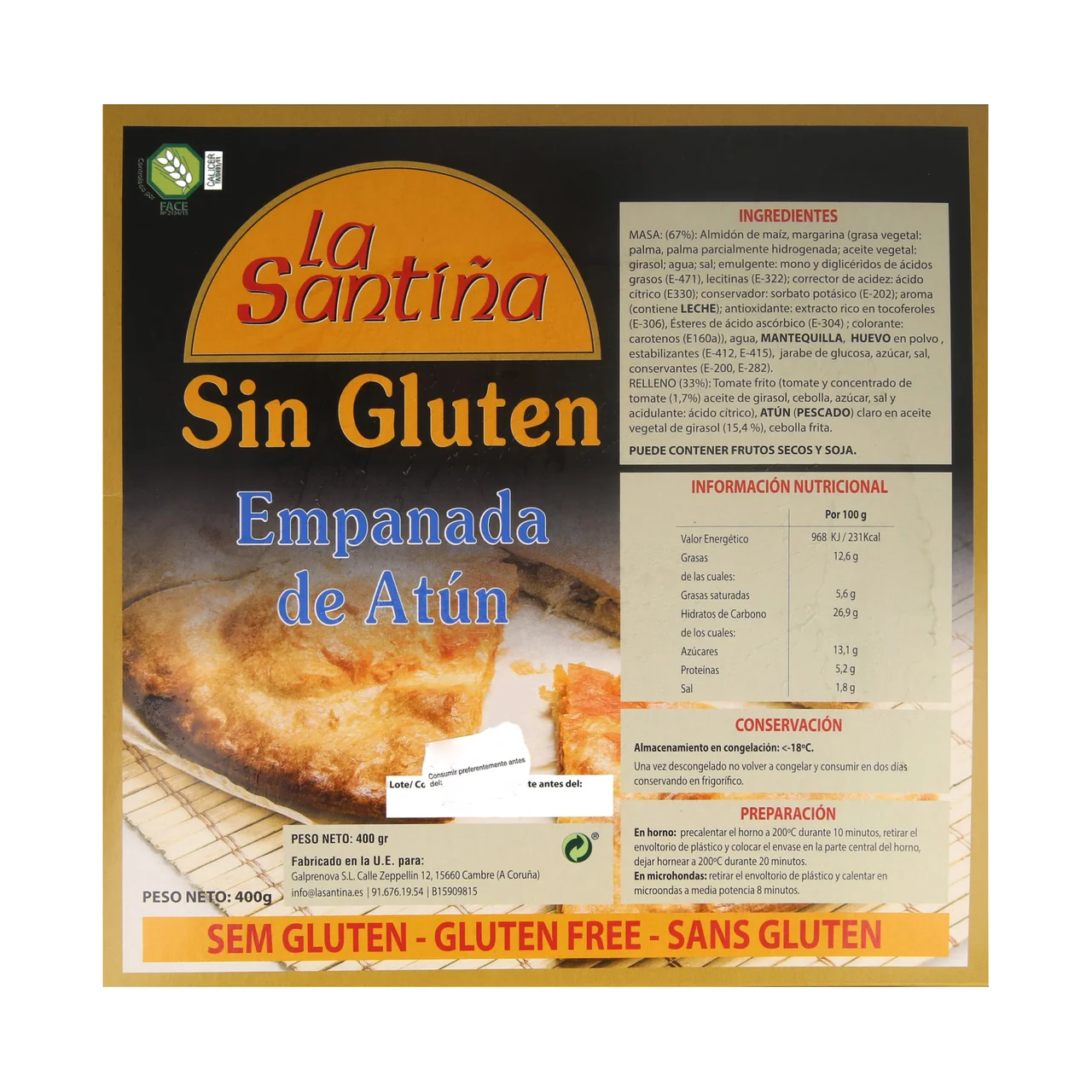 Empanada de atún congelada elaborada sin gluten 400 g.
