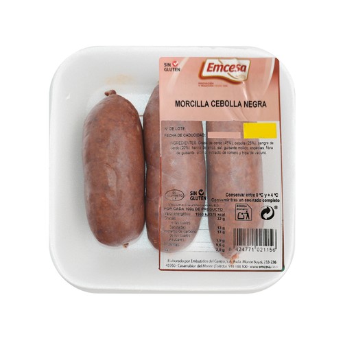  EMCESA Bandeja de morcillas negras de cebolla, elaboradas sin gluten 3 uds.180 g. 