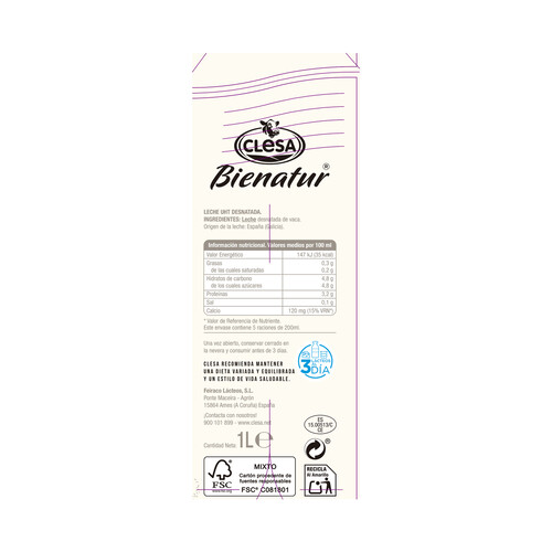 CLESA Leche de vaca desnatada de origen 100% gallega de bienestar animal CLESA Bienatur 6 x 1 l.