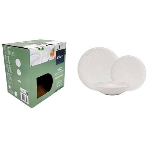 Vajilla 12 piezas de porcelana, relieve beige, ACTUEL