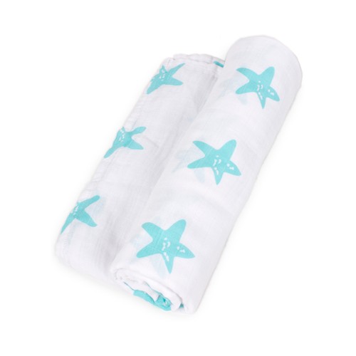 Muselina de 120x120cm, color blanco y turquesa, bambú, INTERBABY.