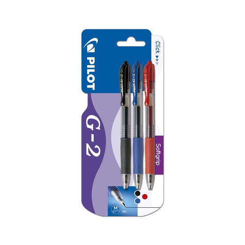 3 bolígrafos retráctiles tipo roller grip suave punta media y grosor de 0.4mm PILOT G-2.