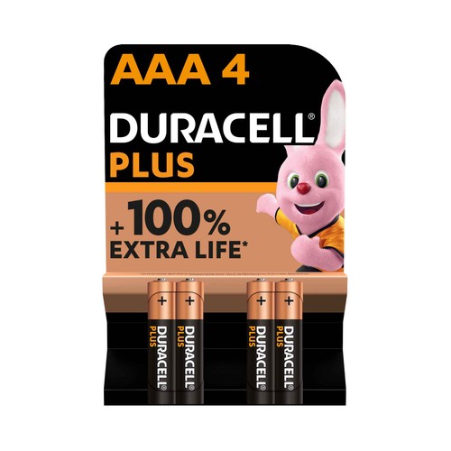 Pack de 4 pilas alcalinas AAA, LR03, 1,5V, DURACELL Plus.