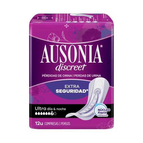AUSONIA Compresas ultra día y noche, para pérdidas de orina severas AUSONIA Discreet 12 uds.