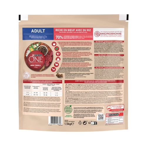 PURINA ONE Mini Comida para perros adultos de raza pequeña a base de buey y arroz 1,5 kg.