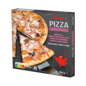 Imagen de AUCHAN Pizza carbonara (jamón cocido extra, champiñones y jamón curado) cocida a la piedra 350 g. Producto Alcampo