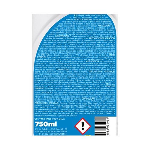 EKOSAN Gel limpiador WC líquido aroma oceánico 3 en 1 perfuma, higieniza y tiene efecto antical 750 ml.