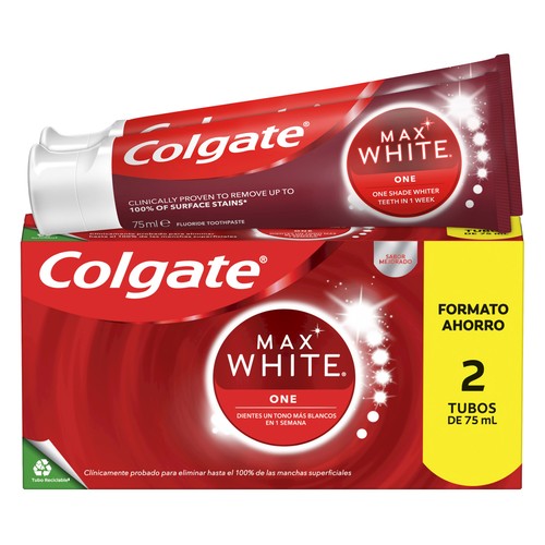 COLGATE Max white one Pasta de dientes con flúor, acción blanqueadora y sabor a menta 2 x 75 ml.