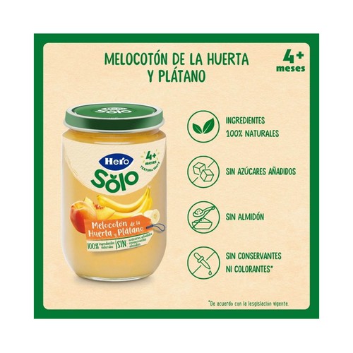 HERO Solo Tarrito de fruta (melocotón de la huerta y plátano), textura sueave, a partir de 4 meses 190 g.
