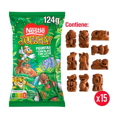 NESTLE Jungly Figuritas de chocolate con leche y galleta, con formas de divertidos animales 15 uds. 124 g.