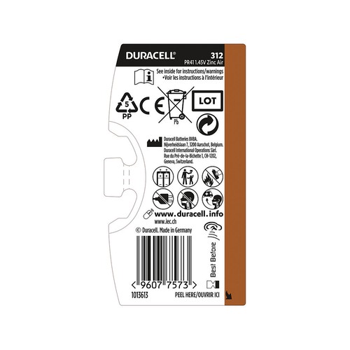 Pack de 6 pilas especiales para audífonos, tamaño 312, 1,45V, Zinc-Air., DURACELL.