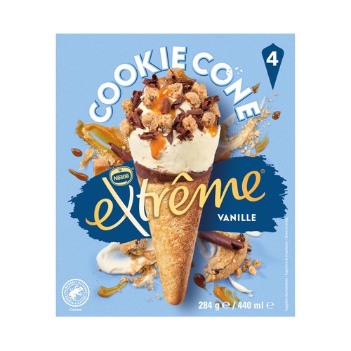 EXTRÈME Cookie de Nestlé Conos de helado de vainilla con salsa de caramelo y tozos de galletas de chocolate 4 x 110 ml.