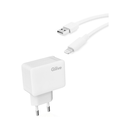 Cargador USB + cable USB a Lightning QILIVE, 2A, longitud 1,2m.