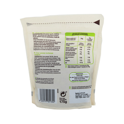 ALCAMPO ECOLÓGICO Uvas pasas sultanas ALCAMPO ECOLÓGICO 175 g.