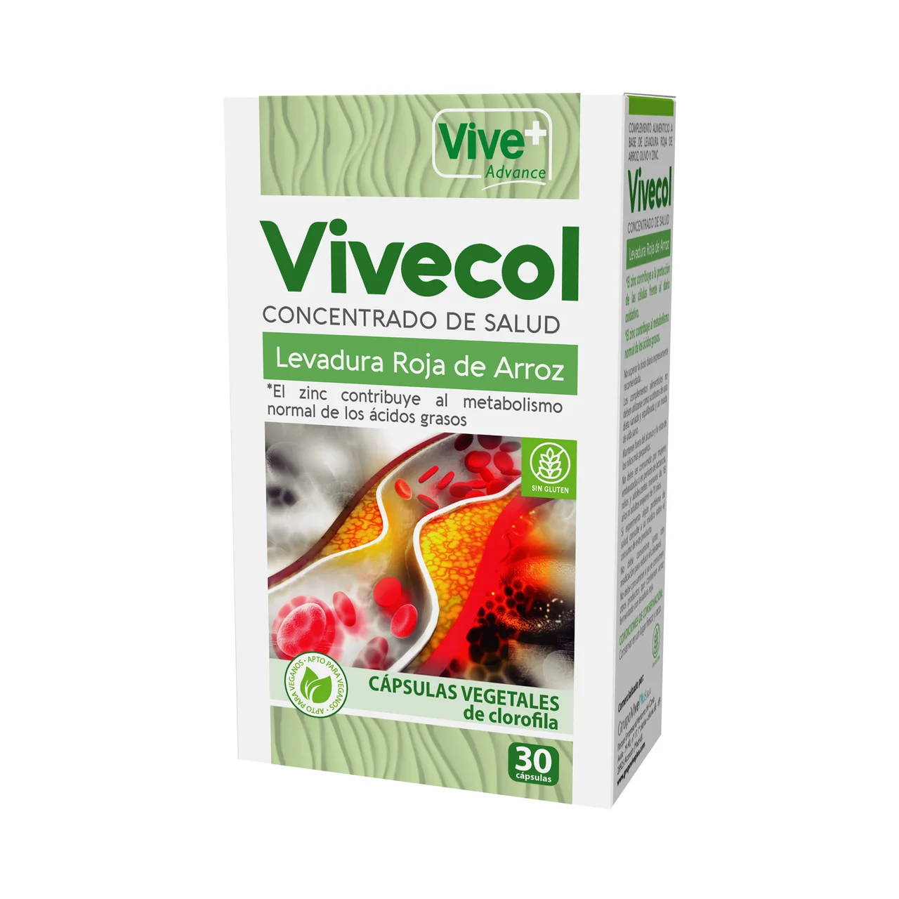 VIVE ADVANCE Complemento alimenticio a base de levadura roja de arroz, olivo y zinc VIVE+ Advance 30 cápsulas