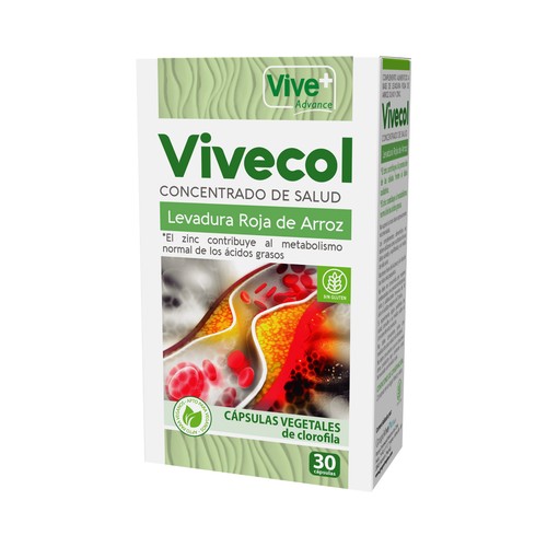 VIVE ADVANCE Complemento alimenticio a base de levadura roja de arroz, olivo y zinc VIVE+ Advance 30 cápsulas