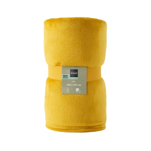 Plaid franela de 260 gm, 130 x 170, 100% poliéster, color amarillo mostaza, ALCAMPO.
