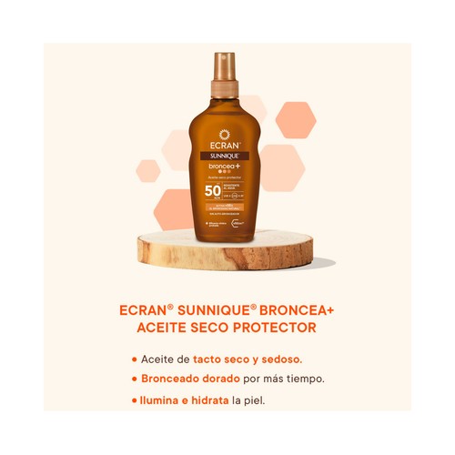 ECRAN Sunnique broncea + Aceite solar seco con FPS 10 (bajo) 200 ml.