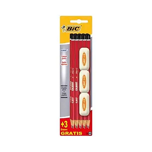 Lápiz madera gilbert +3 gomas. BIC