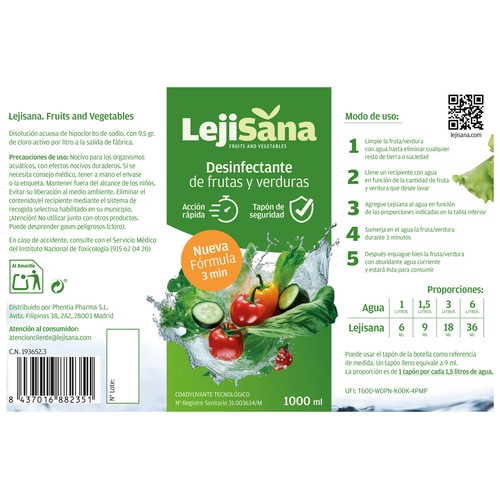 LEJISANA Desinfectante de frutas y verduras 950 ml.