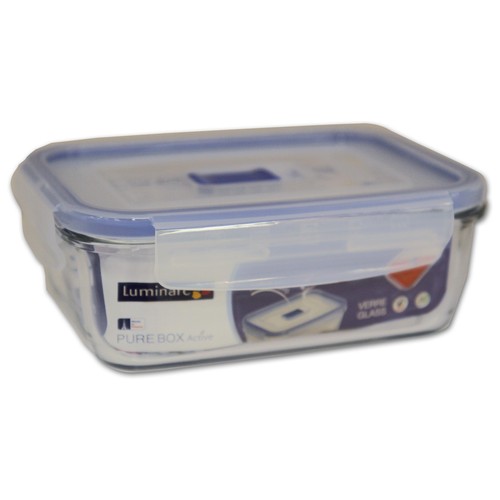 Recipiente hermético rectángular de vidrio templado Pure Box Active, 0,82 litros, 16x11cm. LUMINARC.