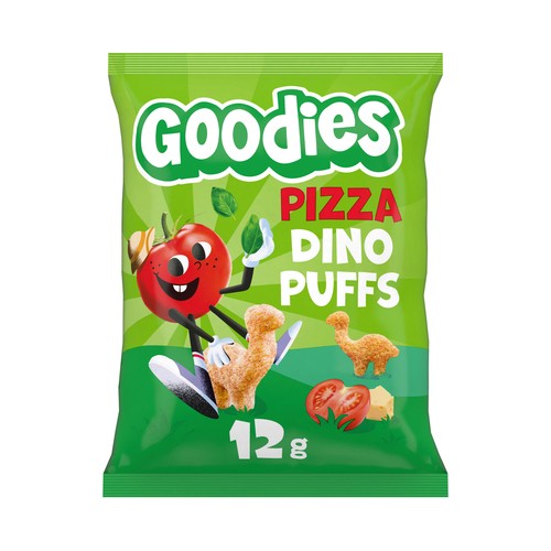 GOODIES Pizza Snacks infantiles de trigo y maiz con queso y tomate, con formas de dinosaurios 12 g.
