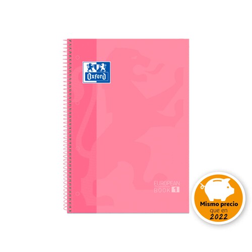 Cuaderno A4 con cuadrícula de 5x5 milímetros, margen izquierdo, 80 hojas de 80 gramos, tapas extraduras de color rosa chicle y microperforado con encuadernación con espiral metálica OXFORD.