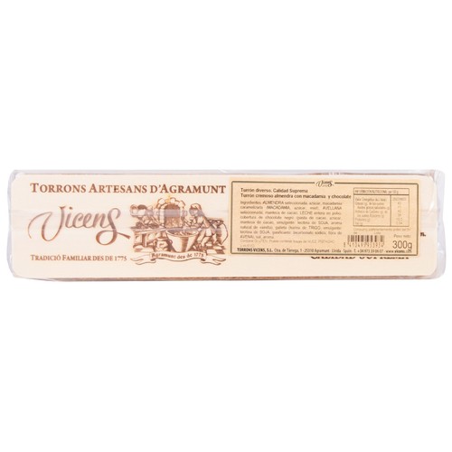 VICENS Turrón cremoso de almendra de macadamia con chocholate 300 g.