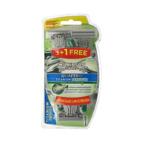 WILKINSON Maquinilla de afeitar desechable con cuatro hojas y hoja perfiladora WILKINSON Quattro titanium sensitive 4 uds.